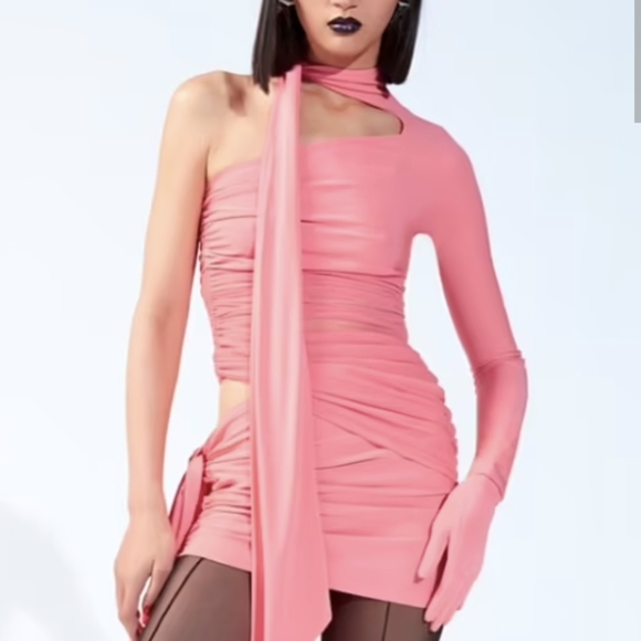 NWT Mugler x HM pink one-shoulder mini dress, sz small Limited Edition H&M - Picture 5 of 7